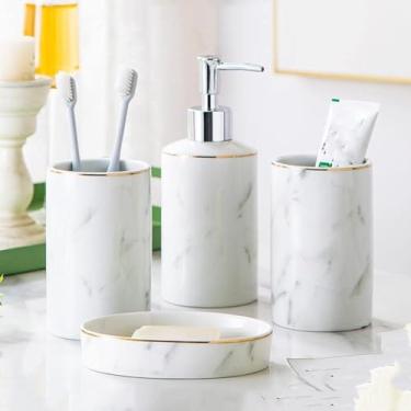 Imagem de Conjunto De Acessórios De Banheiro Branco, Acessórios De Banheiro De Cerâmica Marmoreada Com Dispensador De Sabão E Saboneteira, 4-piece