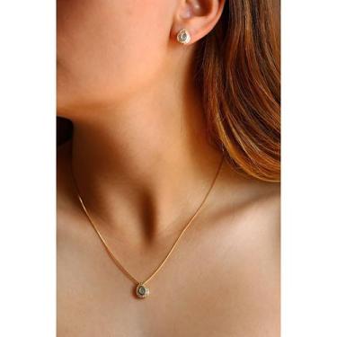 Imagem de Conjunto Brinco e Colar de Gota Verde Agua Semi Joia Banhado Ouro 18k 