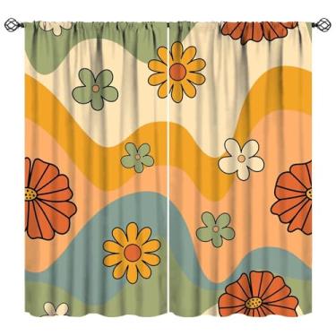 Imagem de Nitmbi Cortinas florais retrô dos anos 70, abstrata, vintage, estética, linda margarida, padrão colorido, cortina de janela com 2 painéis, para decoração de quarto, sala de estar, 52 cm L x 114 cm C