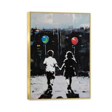 Imagem de Banksy Graffiti Menino Menina com Balão em Tela Impressões Pop Street Wall Art Pintura para Sala de Estar Decoração de Casa Cuadros Moldura 100x70cm (83.8x71.1 cm) Pronto para Pendurar