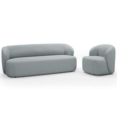 Imagem de Sofá 2 Lugares 170cm Com Poltrona Giratória Orgânica Heidy F04 Linho Cinza - Lyam Decor