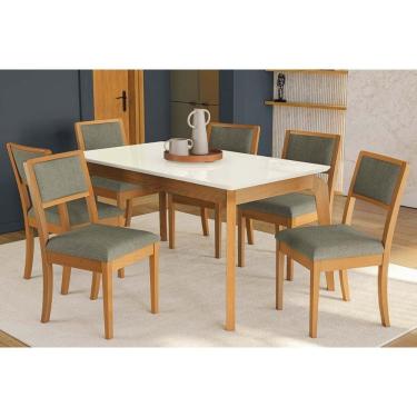 Imagem de Conjunto Sala de Jantar Petra Premium Madeira Maciça c/ Tampo Madeirado c/ Vidro 160x90cm e 6 Cadeiras Alice Carvalho/Off White - Linho Cinza-Kappesbe