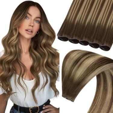 Imagem de Sunny Hair Genius Weft Extensões De Cabelo Real Balayage Amarradas À Mão Castanho Médio Loiro Caramelo Misto Costurado Em Remy Para Profissionais Salão 16 Polegadas