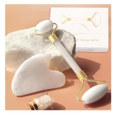 Imagem de Jade Roller Gua Sha Kit de ferramentas faciais e ferramentas de cuidados com a pele, presente de autocuidado para homens e mulheres (branco)