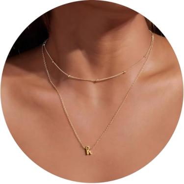 Imagem de Colar feminino com inicial em camadas, pingente de letra A-Z, gargantilha de corrente dupla, joias delicadas em camadas, estilo minimalista, 14+2in/16+2in, Aço inoxidável, Sem Pedra Preciosa