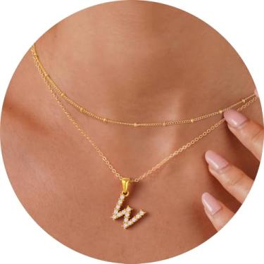 Imagem de Colar feminino com inicial CZ em camadas, pingente delicado de letra A a Z, joia banhada a ouro de corrente dupla, presente personalizado, 14+2in/16+2in, Aço inoxidável, Sem Pedra Preciosa