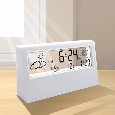 Imagem de Relogio De Mesa Despertador Digital Multifuncao Tela Transparente Lcd Iluminada Sensor Clima Temperatura Umidade Branco