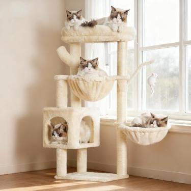 Imagem de Heybly Árvore para gatos, condomínio de torre de 100 cm com poste para arranhar, torre para gatos internos, mastro de sisal totalmente embrulhado, plataforma macia, 2 cestas e brinquedo pendurado,