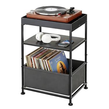 Imagem de ZEXVIDA Mesa lateral industrial de 3 níveis com prateleiras de madeira e cesta de armazenamento, mesa lateral estreita para sala de estar (preta)