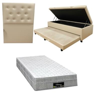 Imagem de Cama Box Baú Solteiro com Auxiliar (Bicama) + Colchão RivIera Molas Ensacadas 25cm | Kit Completo com Cabeceira Botonê Opcional | Diversas Cores (3, CORINO BEGE, COM CABECEIRA)