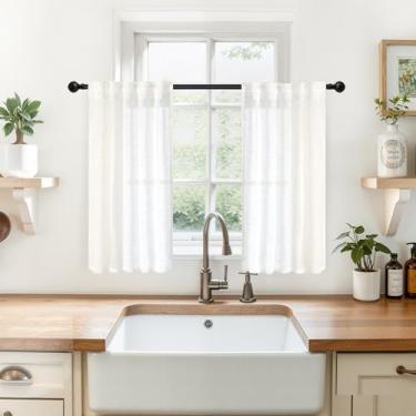 Imagem de YoungsTex Cortinas de cozinha de linho para janela sobre a pia – Cortinas de café semitransparentes com bolso para varão, filtro de luz para banheiro, janelas pequenas, branco, 2 painéis, 73 x 91 cm