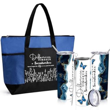 Imagem de Sieral Presentes de agradecimento do mês de assistente social 590 ml copo com canudo e escova e sacola presentes de aposentadoria de formatura para mulheres conselheira escolar empregada colega de