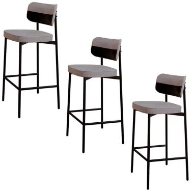 Imagem de Banqueta Alta Bar Estofada Kit 3 Ella M25 Linho Cinza Cl-preto - Mpozenato