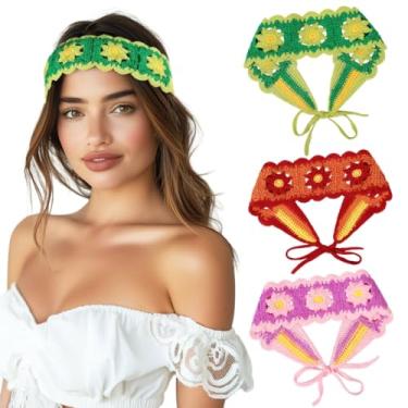 Imagem de Toyokar 3 peças de faixas femininas de malha floral com cordão de flores, para cabelo feminino, tiaras de cabeça para cabelo hippie, bandanas boho