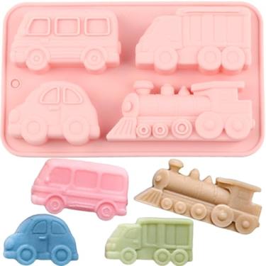Imagem de EPYHREHM 4 moldes de chocolate de silicone para transporte de cavidades, carros, trem, ônibus, caminhão para doces de chocolate