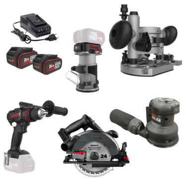 Imagem de Kit Marcenaria Profissional Kress 20v – Furadeira, Lixadeira, Tupia, Serra, Baterias E Carregador