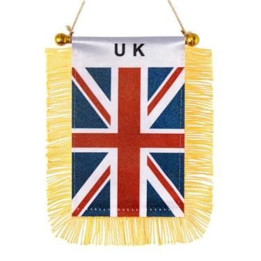 Imagem de JBSJBS Bandeira pendurada do Reino Unido mini bandeiras de janela de carro britânico pequenas bandeiras de espelho retrovisor decoração bandeiras do Reino Unido com ventosa com franjas douradas dupla