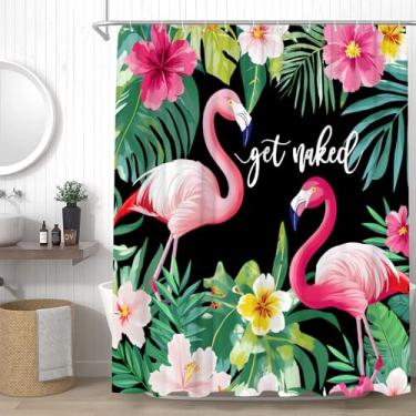 Imagem de YSSFAV Cortina de chuveiro flamingo Get Naked Funny Tropical Birds Folhas Verdes Palmeira Monstera Banana Selva Aquarela Planta Floral Decoração de Banheiro Conjunto de Cortinas com Ganchos, 177,8 cm