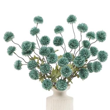 Imagem de DuHouse 6 peças de flores artificiais de seda sintética, mini bola de crisântemo de seda pequena com hastes para buquês de bricolage, vaso de mesa, decoração de cozinha (verde sálvia)