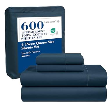 Imagem de LANE LINEN Jogo de lençol Queen Queen Size 100% algodão Pemium, 600 fios, acabamento acetinado de luxo de hotel, lençol com elástico profundo de 38 cm, legal e durável - jeans