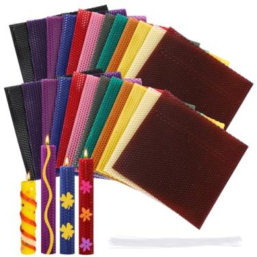 Imagem de OMISTAR 24 folhas de cera de abelha, kit de fabricação de velas faça você mesmo, 19 x 19 folhas coloridas de cera de abelha, inclui 24 pavios, kit de enrolar velas para fazer velas, artesanato