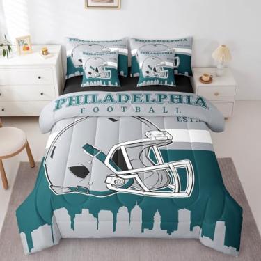 Imagem de Erosebridal Jogo de cama King esportivo, 7 peças, futebol americano, cidade, lençol com elástico, para crianças, adolescentes e adultos, lençol com elástico, amarelo e roxo (Filadélfia)