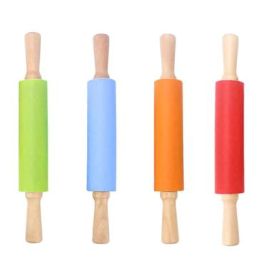Imagem de Antiaderente, 4 pequenos rolos de silicone, fácil armazenamento, alças de madeira, azul, vermelho, laranja e verde, seguro para alimentos, ideal para enrolar massa, fácil uso