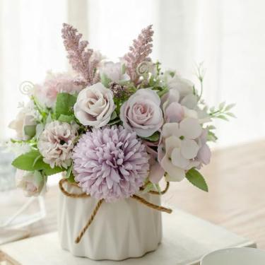 Imagem de TKAS Arranjo de flores falsas de seda artificial, pequenas rosas e hortênsias realistas em vaso de cerâmica, mesa de jantar para decoração de casa de festa de casamento (roxo)
