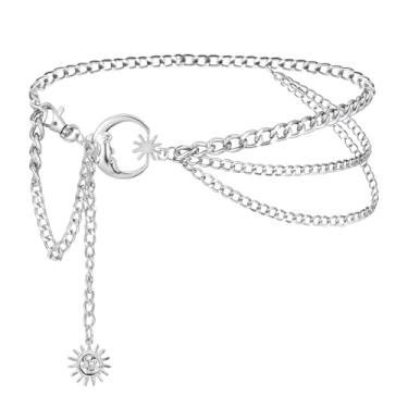 Imagem de Tweruna Corrente de cintura de metal multicamadas, cinto de prata para mulheres, corrente de prata para lua e sol, joia ajustável para o corpo da barriga para vestidos, jeans, calças