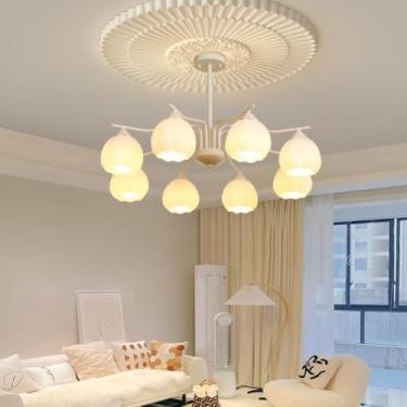 Imagem de Ventilador de teto estilo francês campestre e nórdico com kit de iluminação - Lustre em formato de abóbora | Iluminação vintage elegante para sala de estar e sala de jantar (8 lâmpadas)