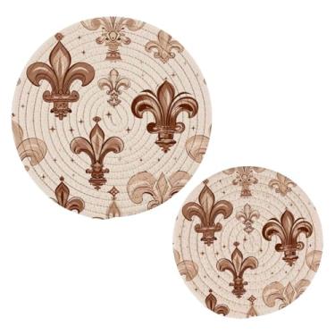 Imagem de Blueangle 2 peças de suporte de panela vintage com coroa - conjunto de pegadores de panela de tecido redondo - almofadas quentes trançadas de algodão - porta-copos - tapetes de mesa para cozinhar e