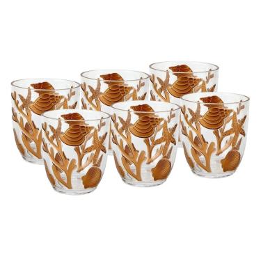 Imagem de Cj 6 Copos Baixos de Acrílico C/Detalhes Fundo do Mar Dourado 562ml Entrecasa