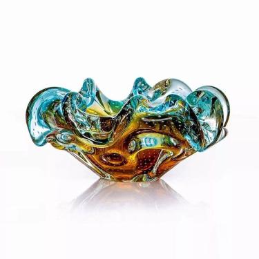 Imagem de Centro de Mesa Decorativo de Vidro Murano Degradê Âmbar com Azul 22x10cm São Marcos