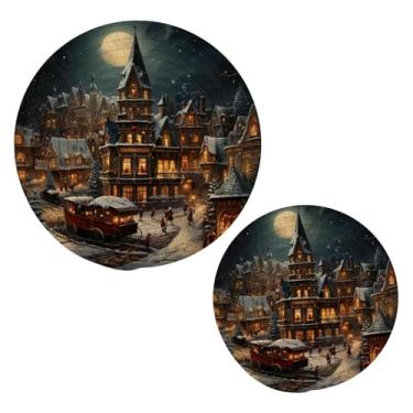 Imagem de Wassud Conjunto de trivet de atmosfera de Natal para pratos quentes, suportes redondos de algodão, almofadas quentes, porta-copos elegantes, decoração de cozinha e acessórios, 2 peças
