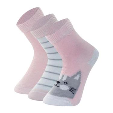 Imagem de Kit 3 Pares Meia Bebê Mash Infantil Algodão Estampada Punho, Rn, Rosa 