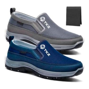 Imagem de Kit Com 2 TKZ Sapatos Slip-On Masculinos, Casual, Mesh Respirável, Sola Antiderrapante, Caminhada, Inclui Carteira (Caramelo/Cinza, BR, Adulto, Numérico, M, 44)