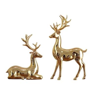 Imagem de MotiveTech Conjunto de 2 estatuetas de renas, esculturas de cervos, ornamentos modernos para mesa, estátuas de casal de alces para lareira, escrivaninha, bar, Ouro