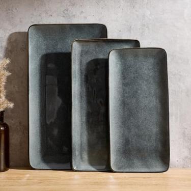 Imagem de famiware Travessa de servir, retangular, pratos de servir para entretenimento, podem ser lavados na lava-louças, bandejas de grés para festas, comida, peru, lanche, queijo, esmalte reativo, floresta