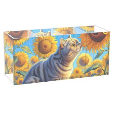 Imagem de TSENQUE Porta-canetas de mesa com girassol e gato de pelo curto britânico, personalizado, artístico, acrílico, organizador de canetas, copos de lápis, decoração estética para escritório