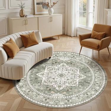 Imagem de Micgeek Tapete redondo de 1,5 m: lavável vintage neutro macio antiderrapante tapete grande para sala de estar quarto cozinha sala de jantar casa escritório fazenda interior - verde