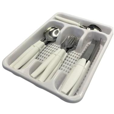 Imagem de Jogo de Faqueiro 25 Peças com Porta Talher, Aço Inox, Branco, Cabos Ergonômicos, Inclui 6 Colheres de Mesa, 6 Garfos, 6 Facas, 6 Colheres de Sobremesa