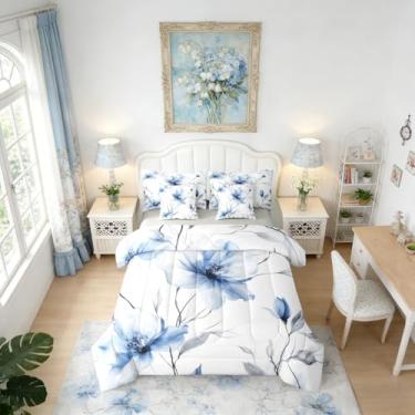 Imagem de Erosebridal Conjunto de edredom floral azul com lençol de solteiro, flor boho, 7 peças, elegante, aquarela floral artística, estilo pintura a tinta, cama de flor e folha em uma bolsa