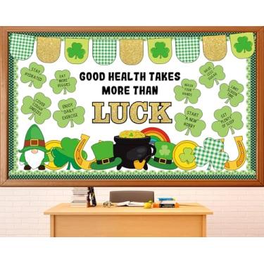 Imagem de Dia de São Patrício, tema saudável, quadro de avisos, decoração de trevo, chapéu de duende, jarra de moeda, recortes de papel, trevo, hábito saudável, sala de aula, avisos para casa, escola
