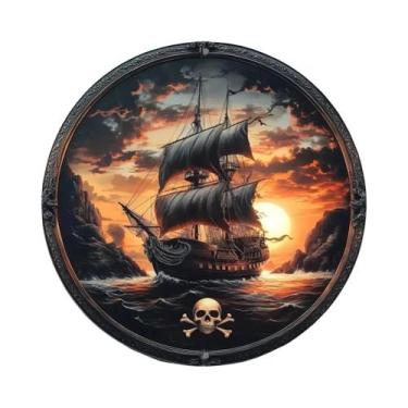 Imagem de Arte De Parede Vintage De Navio Pirata Placa Decorativa Redonda De Alu
