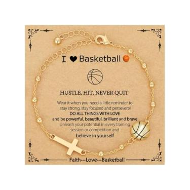 Imagem de Embtrem Pulseira feminina de vôleibol/basquete banhada a ouro, corrente de elos cruzados, acessórios esportivos de aniversário, joias cristãs, presentes para jogadores de treinadores de equipe, Large