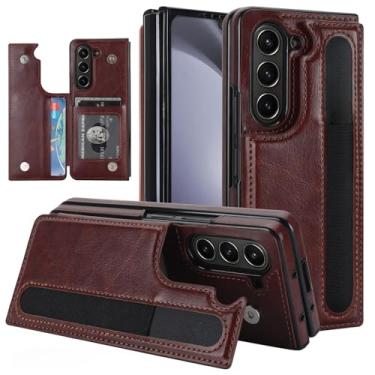 Imagem de Capa carteira para Samsung Galaxy Z Fold 7 com suporte para cartão e compartimento para caneta, capa de telefone resistente de couro dobrável de luxo com fecho magnético e suporte clássico (marrom)