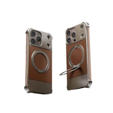Imagem de SNIDII Sec Change 17 Capa de couro para iPhone 16 15 14 ProMax Retro Business Half Pack 360° giratório anel de metal suporte magnético para celular (marrom, iPhone 14 Pro Max)