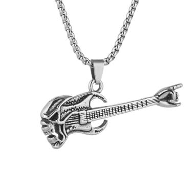 Imagem de STWTR Colar masculino com pingente de guitarra de caveira de aço inoxidável, rock, bicicleta, motocicleta, colar gótico, presente para músicos