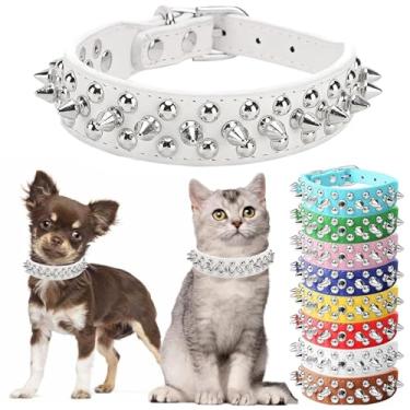 Imagem de Coleira pontiaguda para cães pequenos, coleiras para filhotes de cachorro de couro PU, cogumelos, rebites, garotos, cravejadas, para gatos, ajustáveis para cães pequenos, PP, PP, tamanho médio e