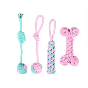 Imagem de wanhaoshangmao Brinquedos de corda para cães, rosa e azul-petróleo, corda de algodão, limpeza dentária, brinquedo de cabo de guerra, cães pequenos e grandes, pacote com 4